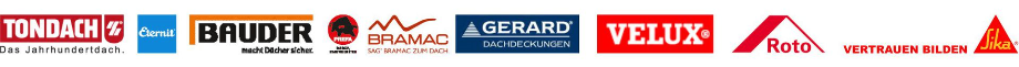 Die Logos der Partnerfirmen: Tondach, Eternit, Bauder, Prefa, Bramac, Gerard, Velux, Roto, Sika